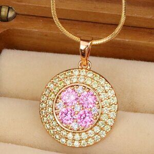 "Round Pink & Yellow CZ Pendant in Gold Finish – Elegant Floral Look, XPPT1858